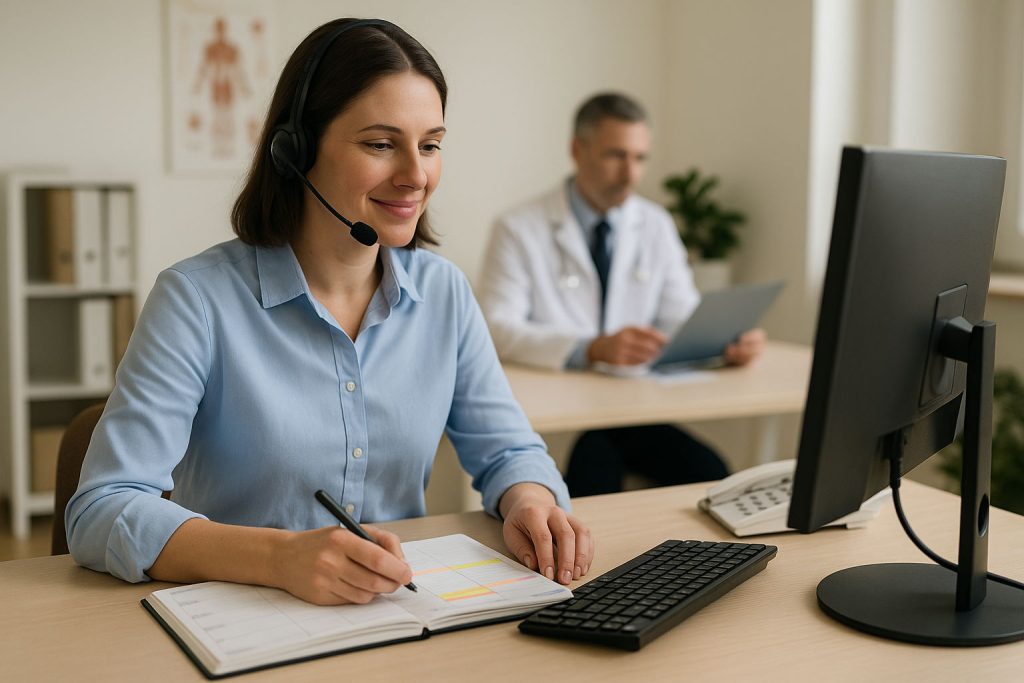 segretaria che prende appuntamenti per uno studio medico scrivendo sull'agenda davanti a un computer